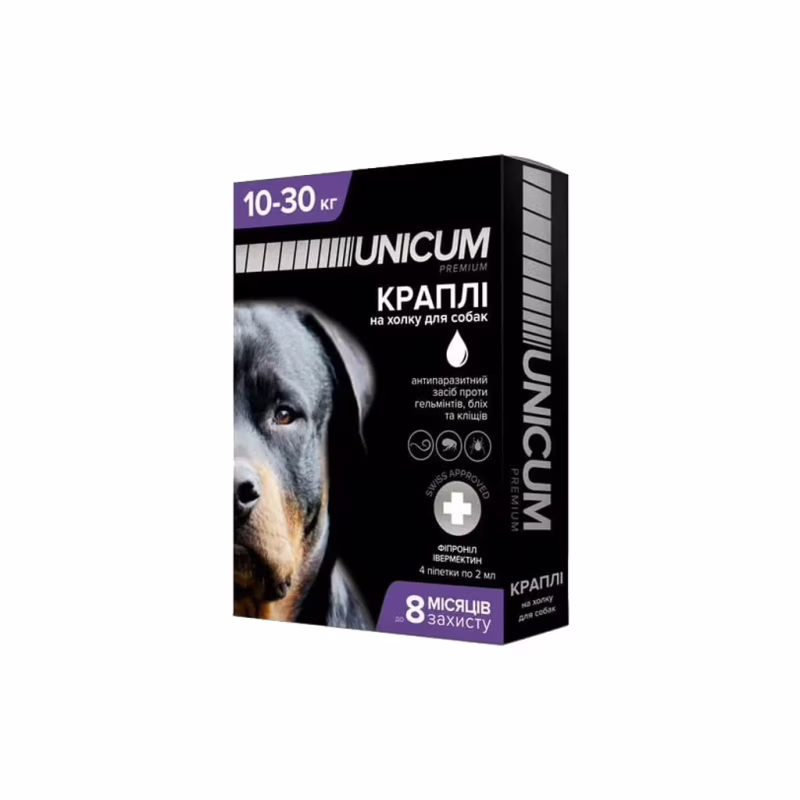 Краплі для тварин Unicum COMPLEX від бліх, кліщів та гельмінтів на холку для собак 10-30 кг/4 шт (4820150202521)