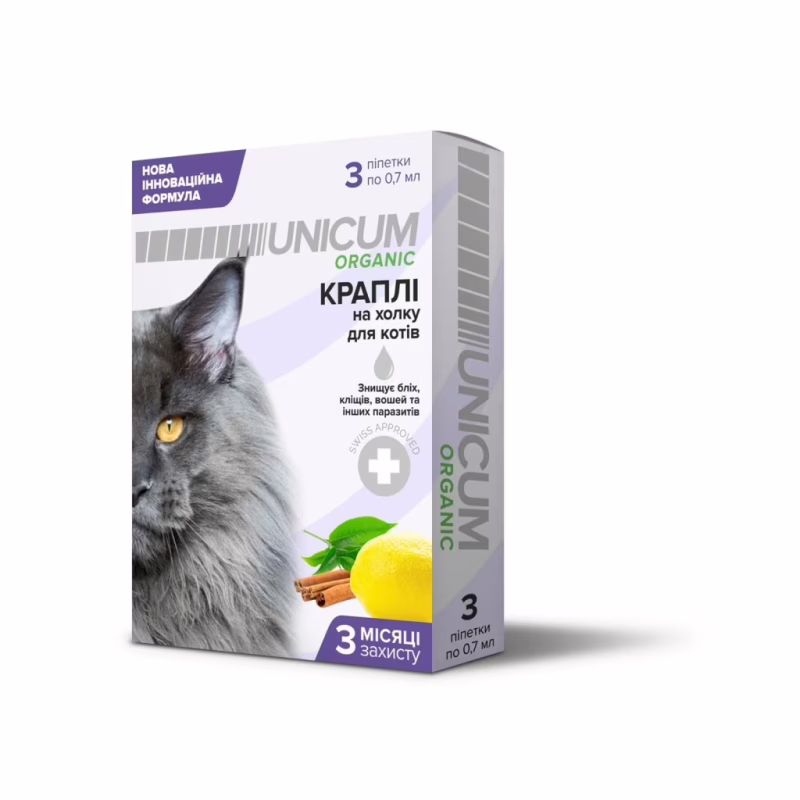 Капли для животных Unicum Organic для отпугивания блох и клещей для кошек 3 шт (4820150202095)