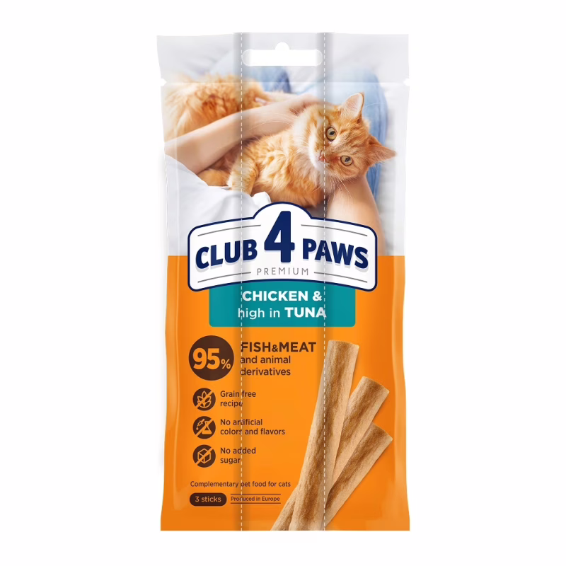 Ласощі для котів Club 4 Paws М'ясна паличка з куркою та тунцем 3х5 г (4820269144668)