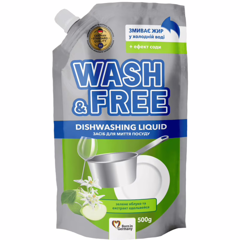Средство для ручного мытья посуды Wash&Free Зеленое яблоко и экстракт эдельвейса дой-пак 500 г (4260637724656/4823128001324)