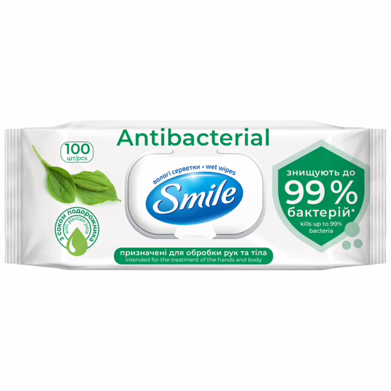 Вологі серветки Smile Antibacterial з соком подорожника 100 шт. (4823071636741/4823071656466)