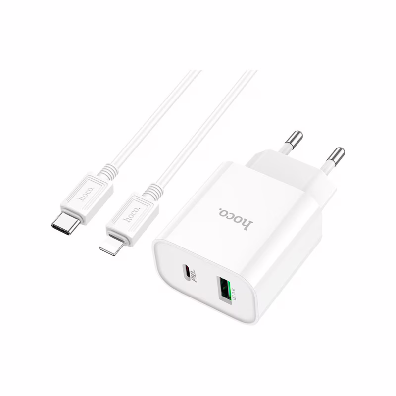 Зарядний пристрій HOCO C80A Plus Rapido 1xUSB-C PD20W + 1xUSB QC3.0 + cable USB-C to Lightning White (6931474779892)