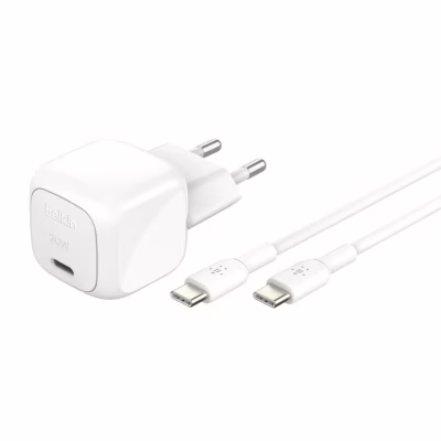 Зарядний пристрій Belkin USB-C PD30W PPS + cable USB-C to USB-C 1.0m PVC white (WCA008KQ1MWH-B6)
