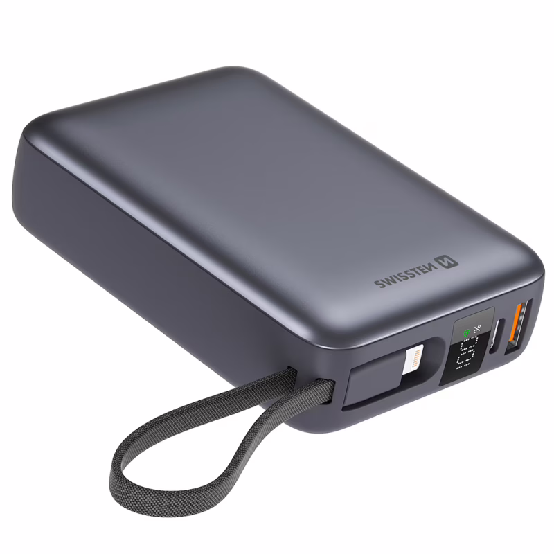 Батарея універсальна SWISSTEN 20000mAh SPACE 22/5W PD QC w/built-in cables USB-C/LIGHTNING Silver (8595217490598)