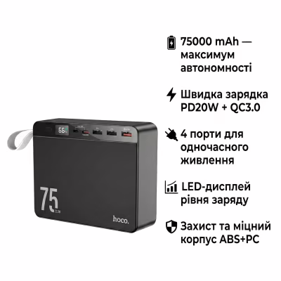 Батарея универсальная HOCO 75000 mAh Overlord PD/20W, QC/3.0/22.5W, Black (J94 / 714739)
