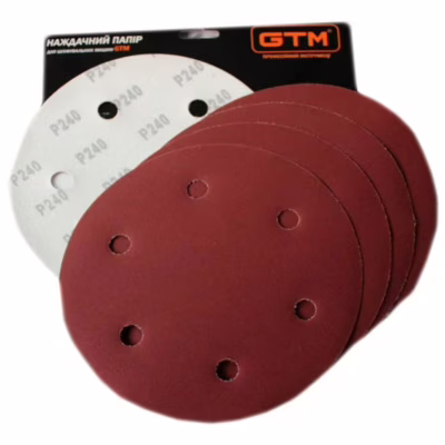 Наждачний папір GTM круг з отворами 215мм Р-180, липучка, 5шт. (SZB225V P180)