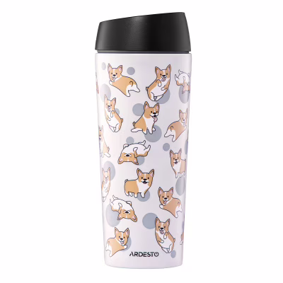 Термокружка Ardesto Coffee Time Animals Corgi 450мл, нержавіюча сталь, сірий (AR2645CR)