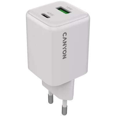 Зарядний пристрій Canyon CU45AC GaN 45W 1xPD 1xQC EU White (CNS-CUW45AC)