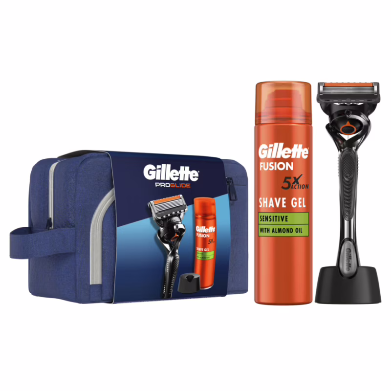 Набор косметики Gillette Бритва ProGlide с 1 сменным лезвием + Гель для бритья Fusion5 200 мл + Подставка + Косметичка (8700216534420)