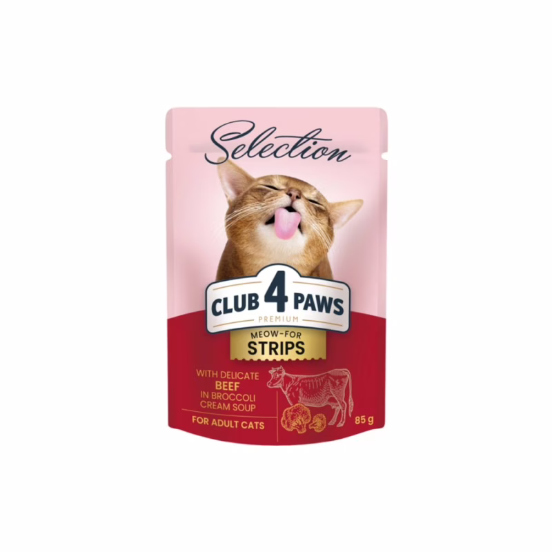 Вологий корм для кішок Club 4 Paws Selection Плюс Смужки з яловичиною в крем супі з броколі 85 г (4820215368100)