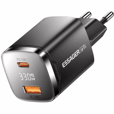 Зарядний пристрій 1xUSB-C + 1xUSB 33W GaN black Essager (ECT33W-GMB01-Z)