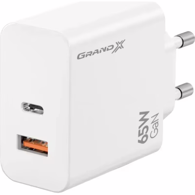 Зарядное устройство Grand-X GaN 1xUSB-C + 1xUSB 65W PD3.0 QC4.0 AFC SCP FCP white (CH-960W)
