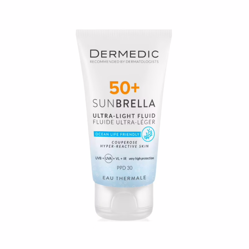 Засіб від засмаги Dermedic Sunbrella Ультралегкий захисний флюїд SPF 50+ Для судинної та гіперактивної шкіри 40 мл (5901643177584)