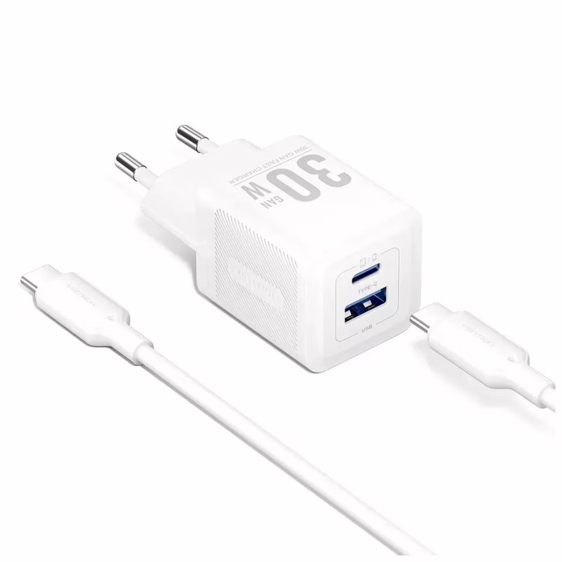 Зарядний пристрій Vention 1xUSB-C PD30W + 1xUSB QC3.0 30W GaN + cable USB-C to USB-C 1.0m white (TZ-FEQW0-EU-01)
