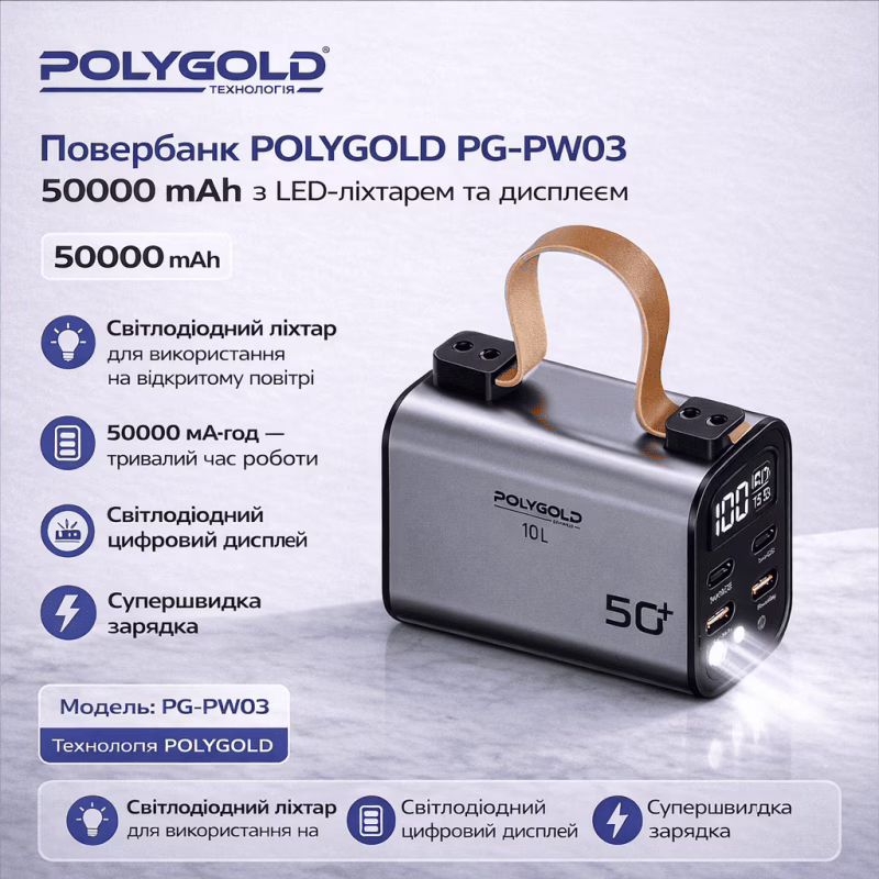 Повербанк Polygold PG-PW03, 50000 mAh, 100W Super Fast Charge