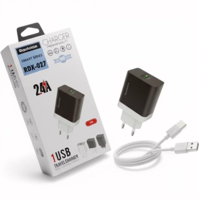 Сетевое зарядное устройство REDDAX RDX-027, 12W, 2.4A, USB + кабель Micro-USB, White/Gray