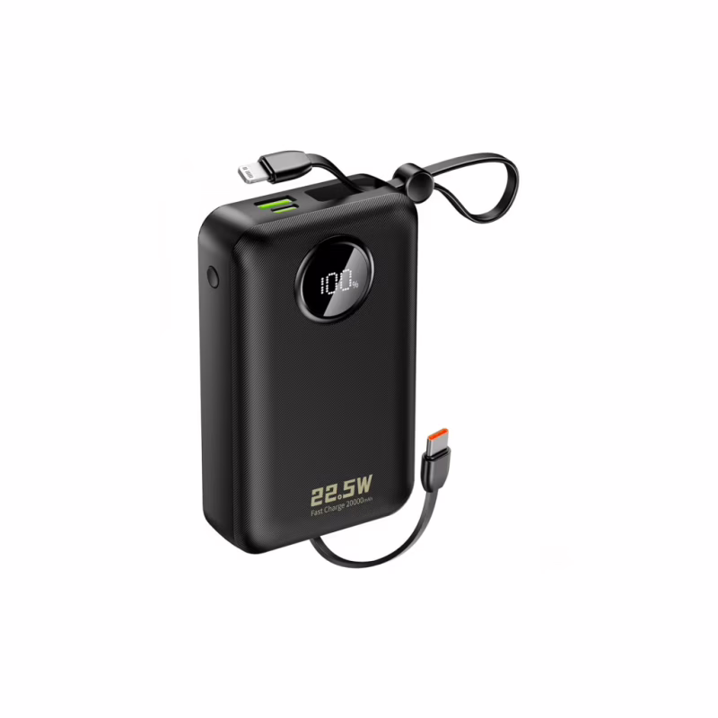 Батарея универсальная Dudao 20000mAh K14+ 22.5W, PD, QC, USB-A, USB-C(In/Out), with built-in USB-C/Lightning cables, Black (6977196680016)