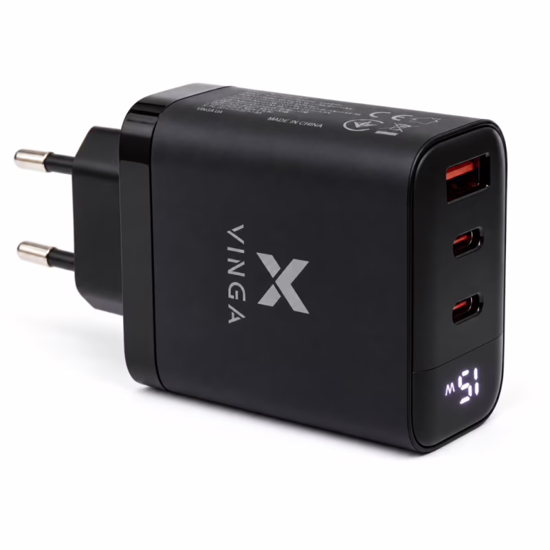 Зарядное устройство Vinga 2xUSB-C + USB-A Display 65W (VCR65ACCDB)
