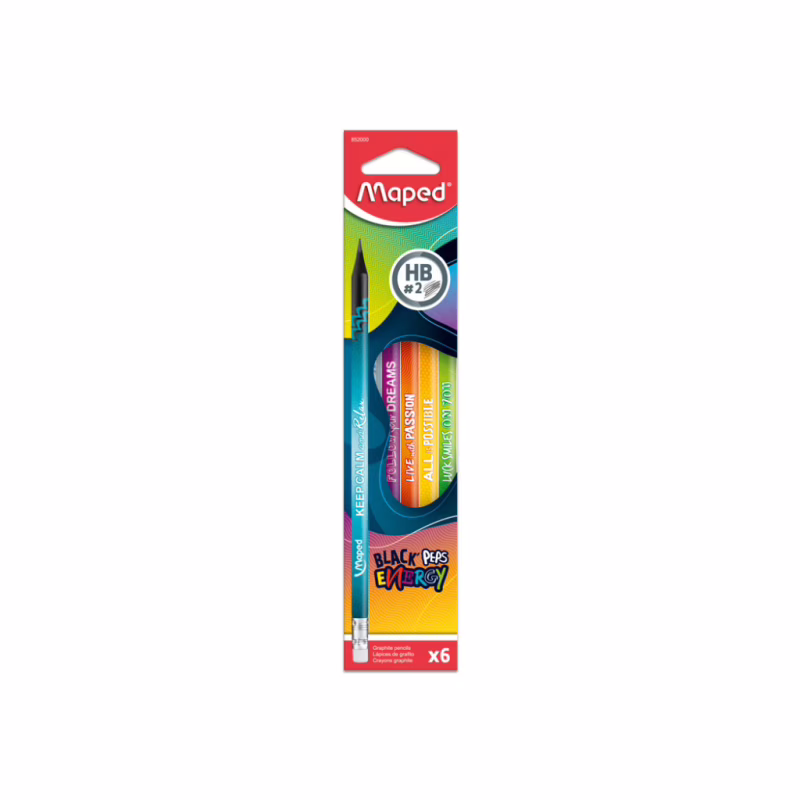 Карандаш графитный Maped набор BLACK PEPS ENERGY HB, с резинкой, 6 шт (MP.852000)