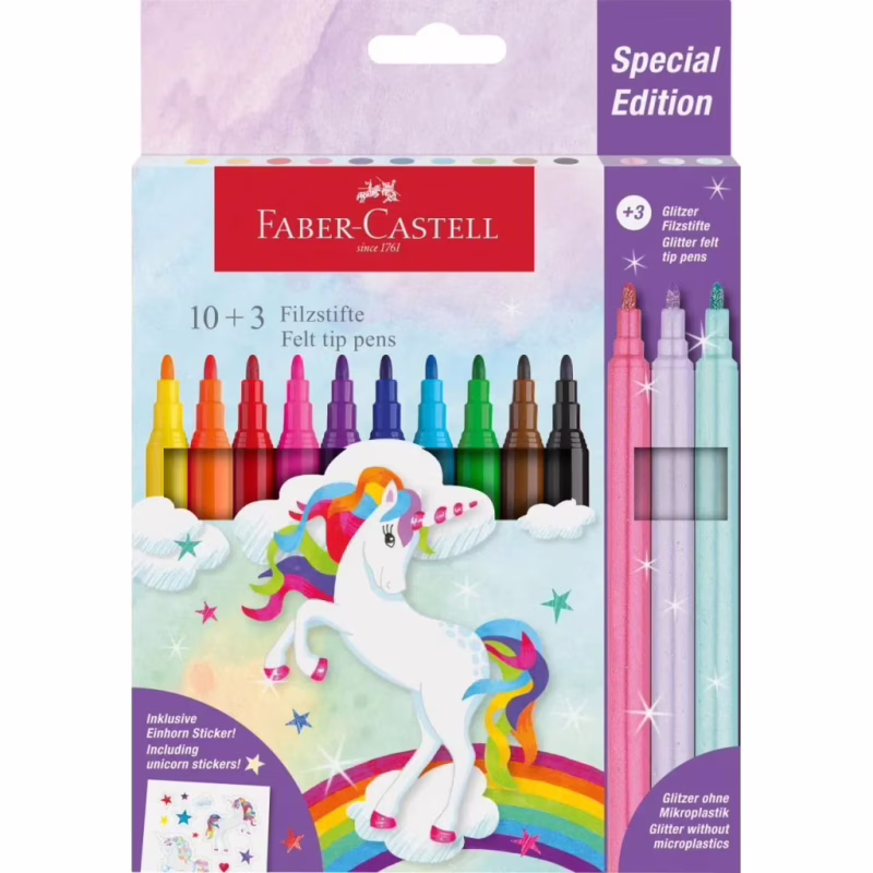 Фломастеры Faber-Castell Единорог 10 цветов + 3 пастельных металлика + наклейки в картонной коробке (32632)