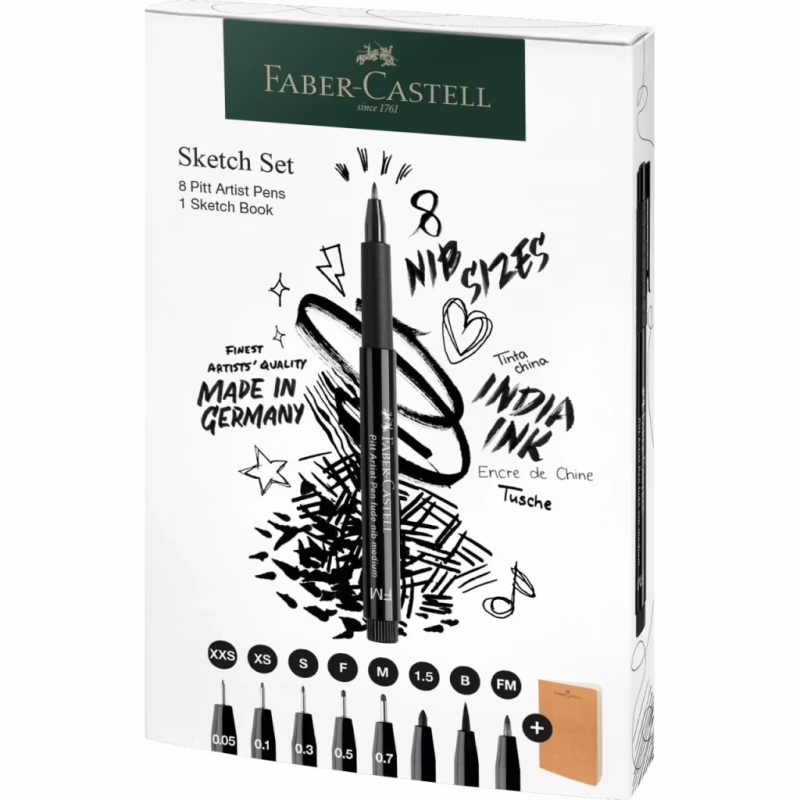 Лайнер Faber-Castell набор ручек капиллярных и блокнот Sketch Set цвет черный (XXS, XS, S, F, M, 1,5, B, FM) (32468)