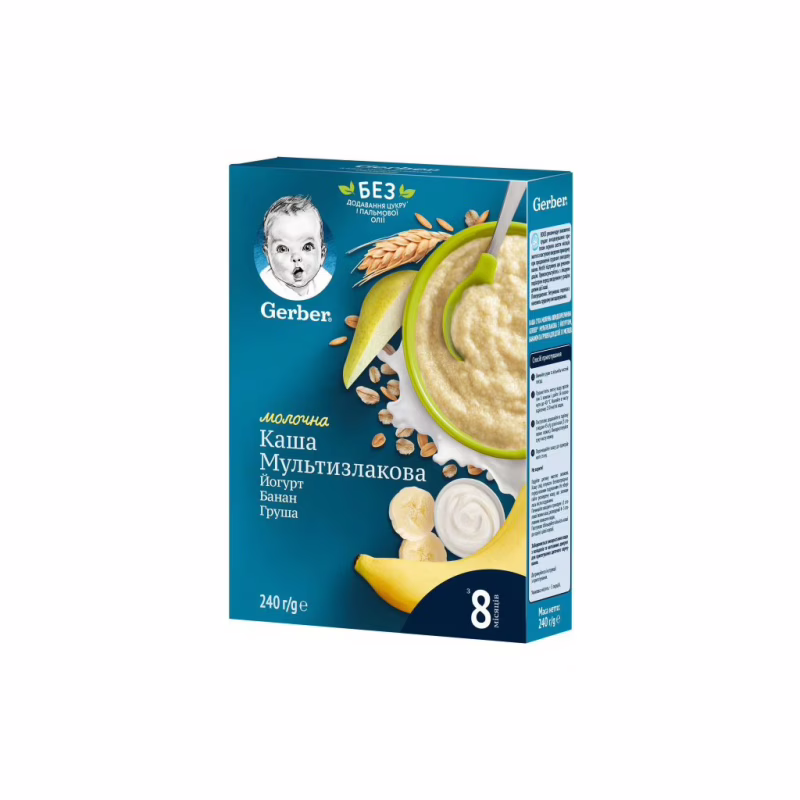 Детская каша Gerber молочная быстрорастворимая мультизлаковая с йогуртом, банано (7613039834244)