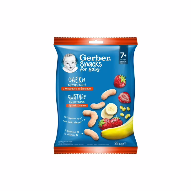 Детские снеки Gerber Кукурузные палочки со вкусом клубники и банана с 7 месяцев 28 г (1627025)