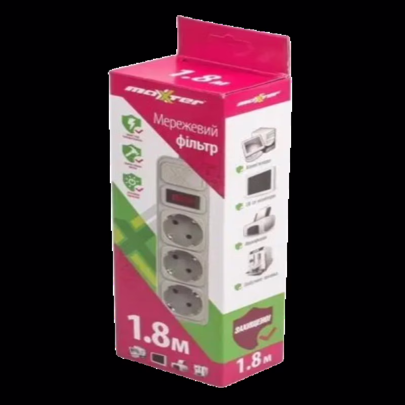Сетевой фильтр Maxxter SPM3-G-6G 3гнезда, 1.8 метра