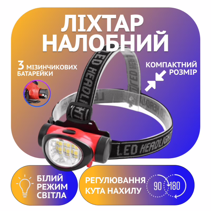 Налобний ліхтар WD176, PL-013, 3R3xAAA, Діодна стрічка
