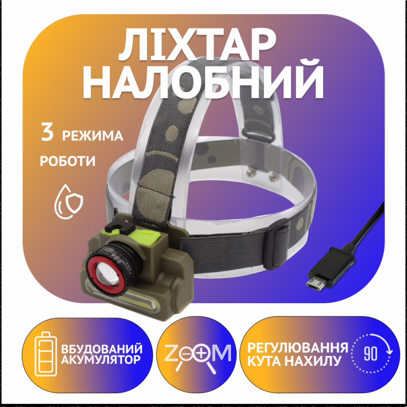 Налобний ліхтар PL118, Акк., T5+Cob, ЗУ MicroUSB, 8808