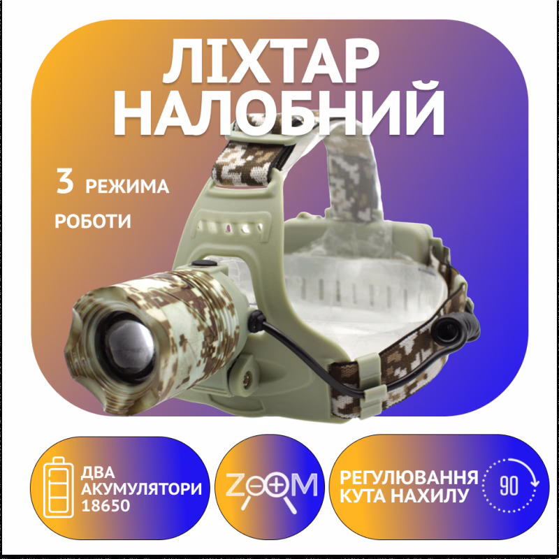 Налобний ліхтар PL121, Акк., T6, камуфляж