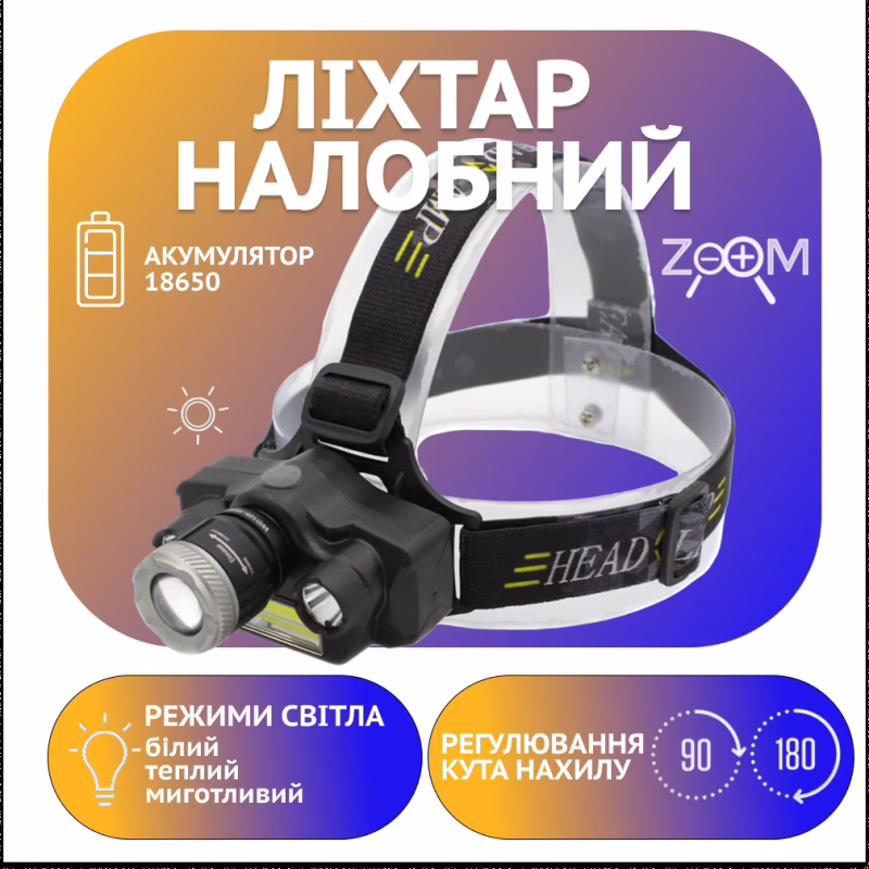 Налобний ліхтар RB129, TD-812-T6, 1х18650 Акк., T6+2хXPE+COB, Zoom, MicroUSB ЗУ