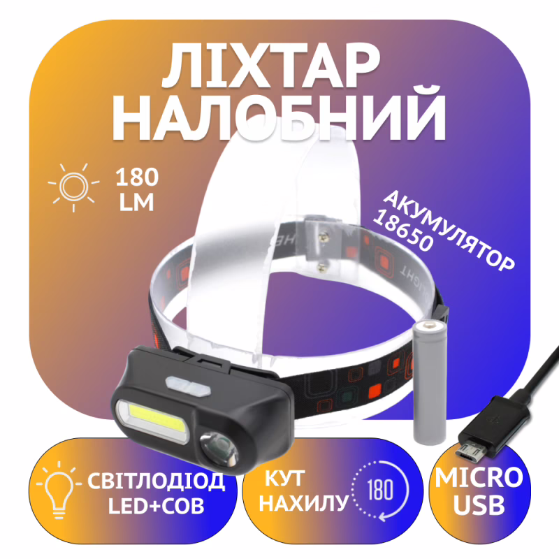Налобний ліхтар Bailong BL-1804, PL185, LED+COB, акумулятор 18650, micro USB