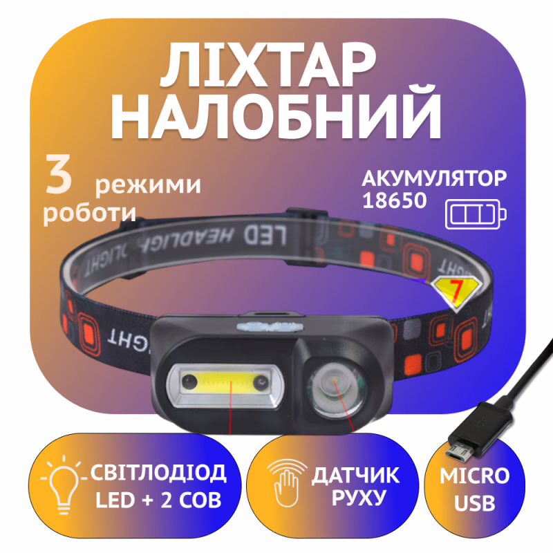 Налобний ліхтар Bailong BL-1804A, LED+COB, сенсор, акумулятор 18650, micro USB