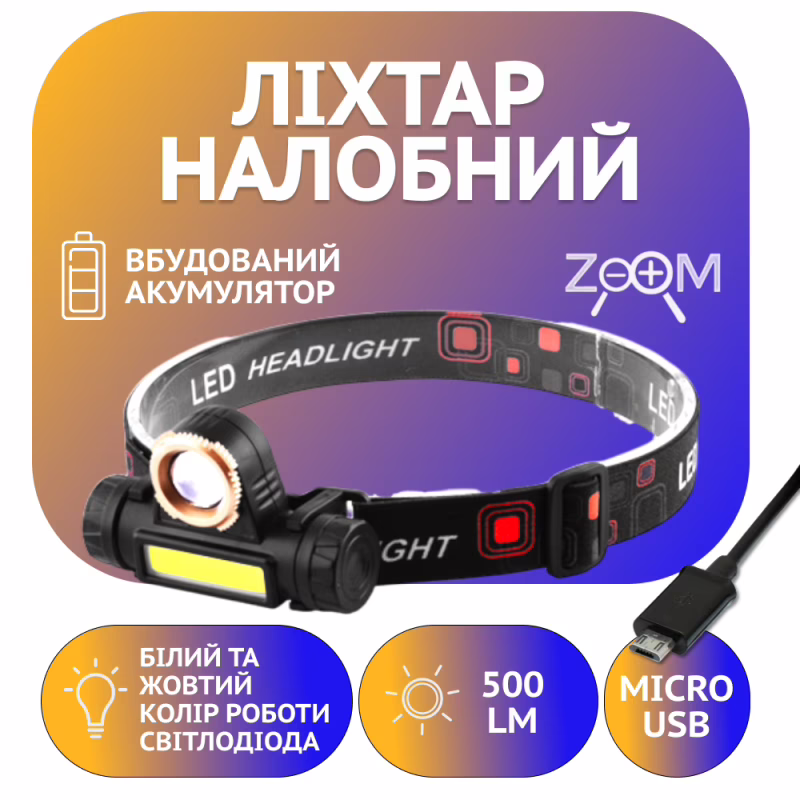 Налобний фонар 874-XPE+COB, зум, акумулятор, micro USB