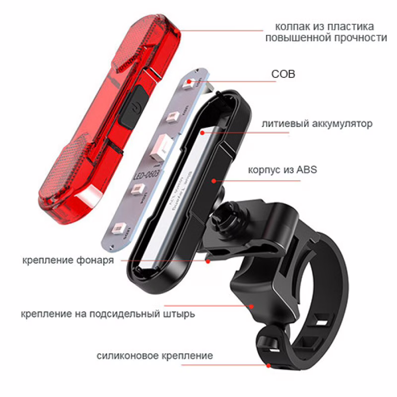 Велосипедний задній ліхтарик мигалка акумуляторний 8821-5COB, акум., ЗУ micro USB