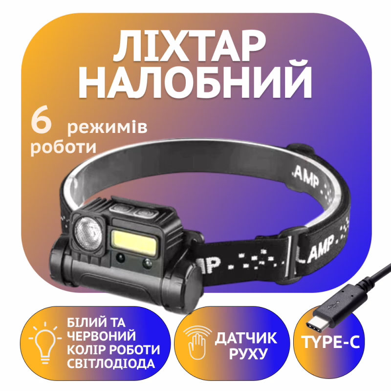 Налобний ліхтар Bailong BL-123, XPE+COB, білий, червоний, Type-C, 8137