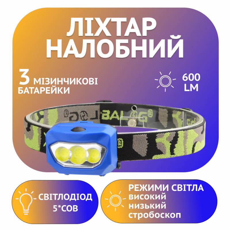 Налобний ліхтар PL-015, 5COB, 3xAAA