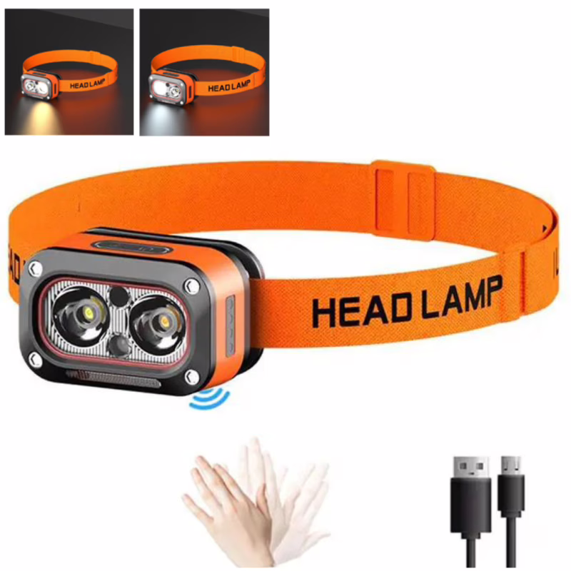 Налобный фонарь G08-2XPG, Белый; Жёлтый, LED Красный, Motion Sensor, Li-Ion аккумулятор, ЗУ Type-C