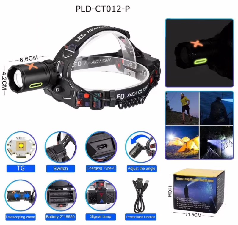Налобный фонарь CT012-P-TG, 2x18650, ЗУ Type-C, signal light, zoom