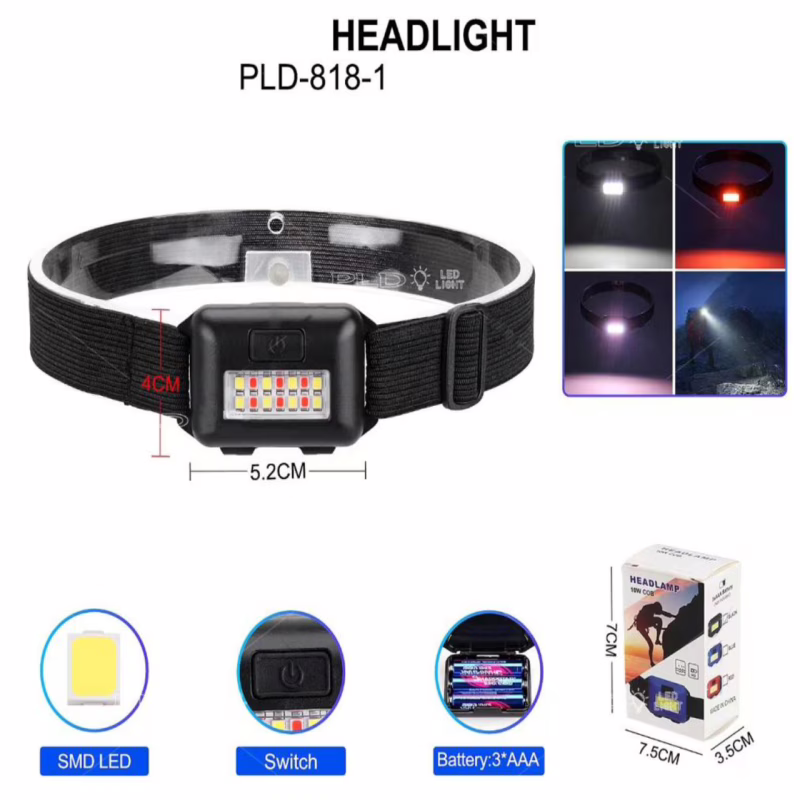 Налобний ліхтар PLD-818-1-8SMD, Білий, Червоний, 3xAAA