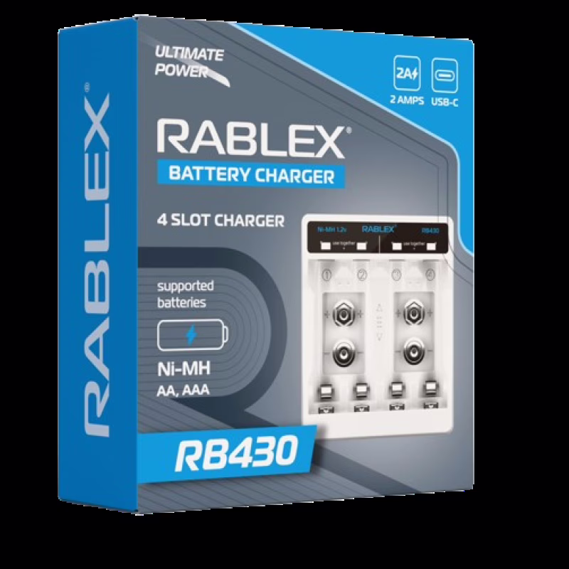 Зарядний пристрій Rablex RB430, 4xAA, AAA, 9V, 2A, Type-c
