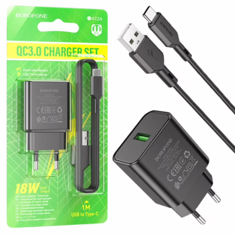 СЗУ Мережева Зарядна Пристрій BOROFONE BA72A Spring (QC3.0 18W) + Type-C
