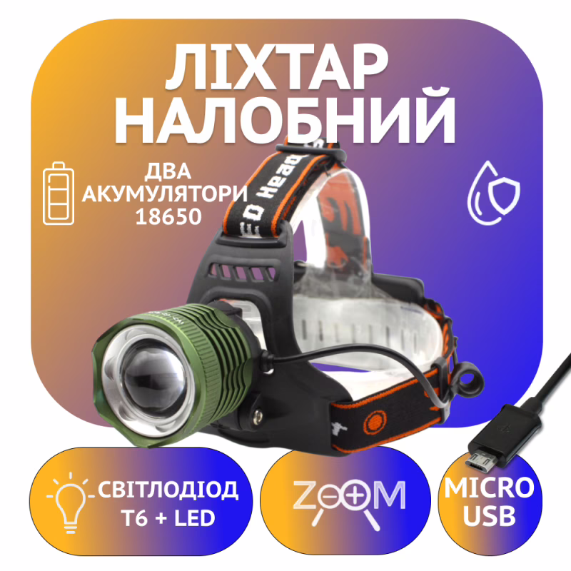 Налобний ліхтар Bailong BL-2189, PL102, ЗУ micro usb, T6, Zoom