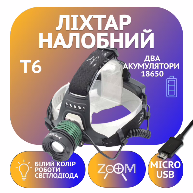 Налобный фонарь Bailong BL-2188-T6, RB101, T6, Zoom, MicroUSB