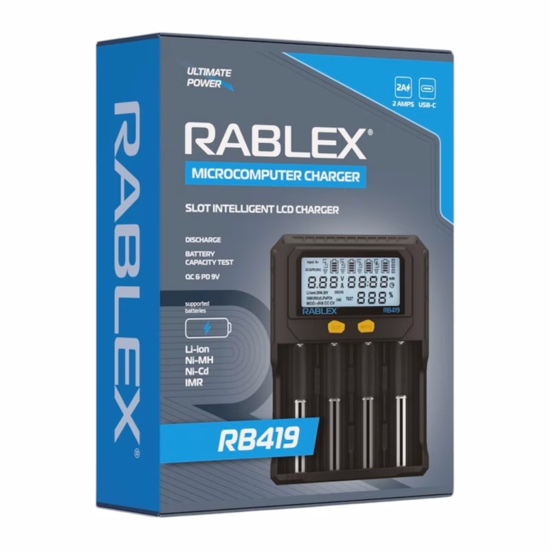 Зарядное устройство Rablex RB419, 4 слота, 2A, LCD-дисплей, тест ёмкости, QC/PD