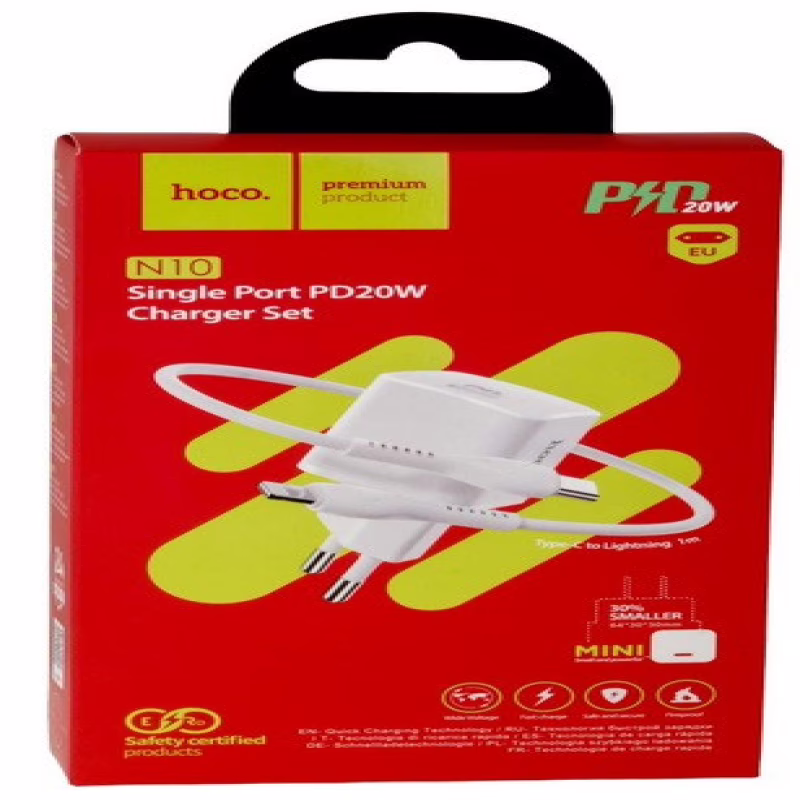 Сетевое зарядное устройство HOCO N10, 20W, Fast Charge + кабель USB Type-C – Lightning