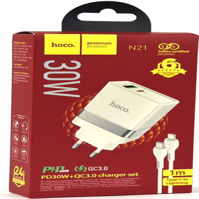 Сетевое зарядное устройство HOCO N21, 30W, Fast Charge + кабель USB Type-C – Lightning
