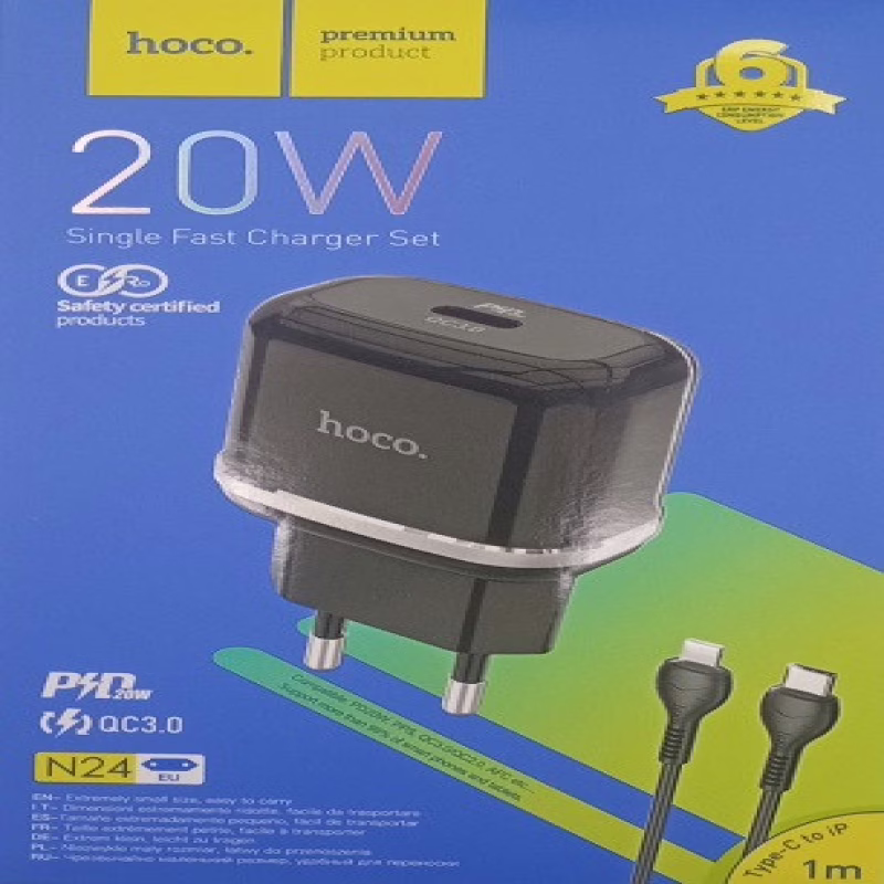 Сетевое зарядное устройство Hoco N24 Fast Charge (20W) + кабель Type-C to Lightning
