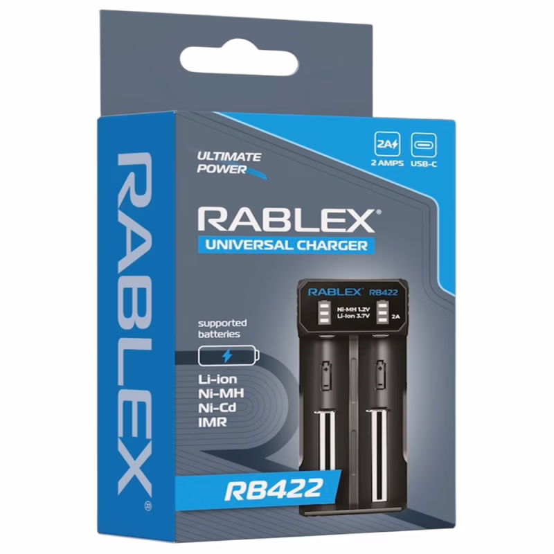 Зарядний пристрій Rablex RB422, універсальний на 2 акуми. Ni-MH/Ni-Cd: AA, AAA, AAAA, C, SC, F6